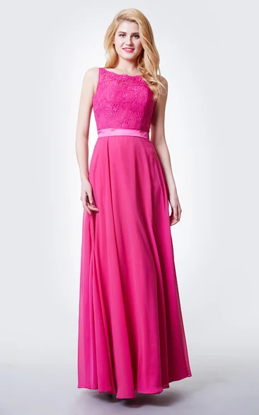 Chiffon Lace Jewel Neck Bridesmaid Dress with Long Sleeves