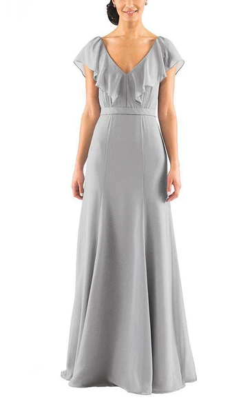 A-line Chiffon Bridesmaid Dress V-neck Falbala Design