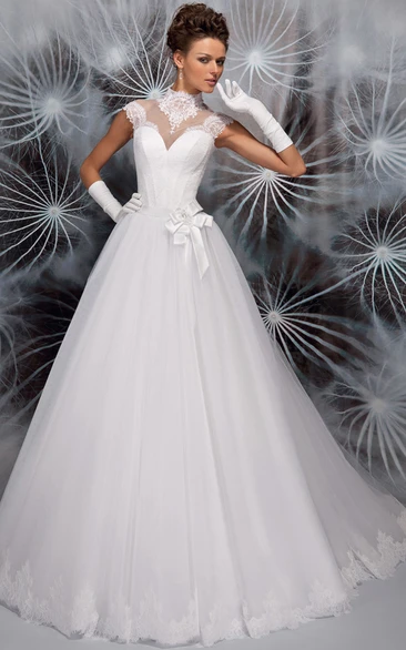 High Neck Sleeveless Tulle Ball Gown Wedding Dress with Appliques and Corset Back