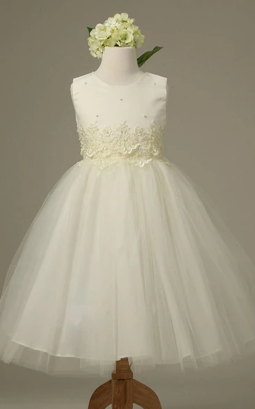 Tiered Lace Flower Girl Dress Tea-Length with Floral Print