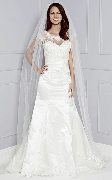 Cap-Sleeve Taffeta Wedding Dress Appliqued A-Line Bateau-Neck Design