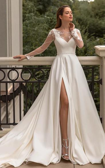 Ethereal A Line Satin Wedding Dress with V-neck and Split Front