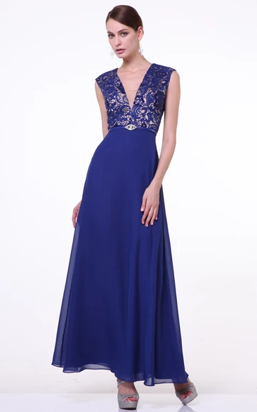 V-Neck A-Line Chiffon Dress with Lace and Zipper Perfect for Prom or Bridesmaids