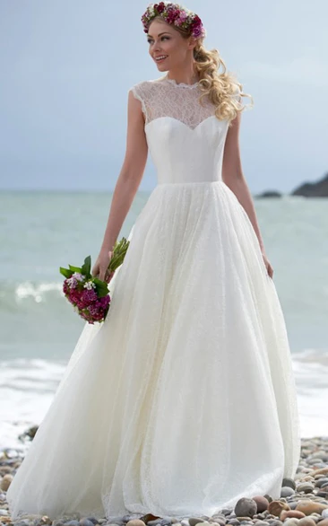 Illusion Lace High Neck Wedding Dress Floor-Length Bridal Gown