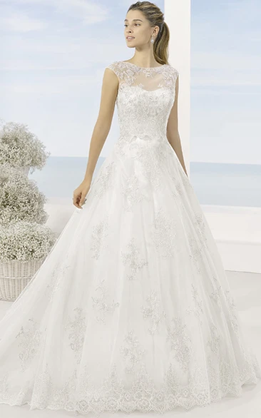 A-Line Lace Wedding Dress with Cap-Sleeves and Chapel Train Boho Bridal Gown