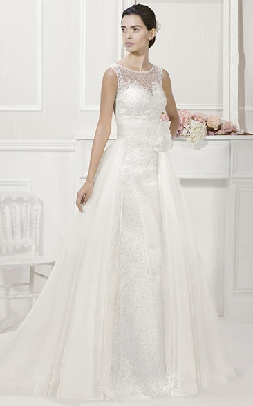 Removable Tulle Skirt Wedding Dress with Floral Lace Sheath