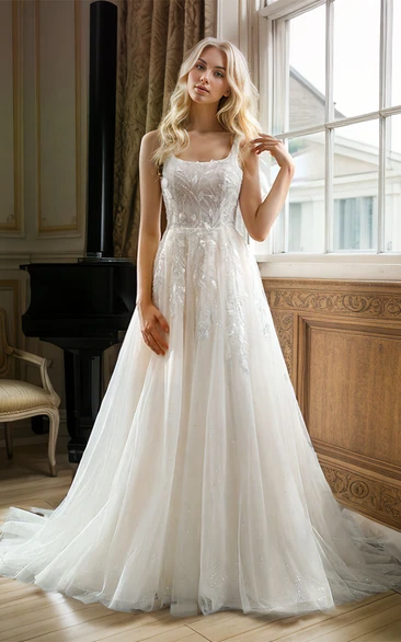 Modern Sexy A-Line Lace Appliques Tulle Square Neck Wedding Gown Elegant Straps Sleeveless Floor-length Beading Backless Bridal Dress