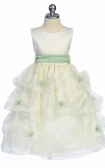 Satin and Organza Tea-Length Flower Girl Dress with Ruched Detail