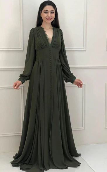 Chiffon V-Neck Empire Long Sleeve Evening Dress