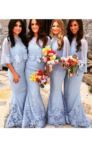 Lace Applique Mermaid Bridesmaid Dress with Scalloped Cap Sleeves