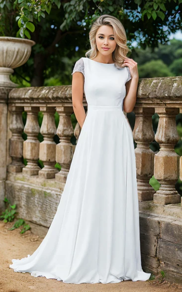 Solid Satin Bateau A-Line Casual Lace Bell Keyhole Reception Trailing Wedding Gown