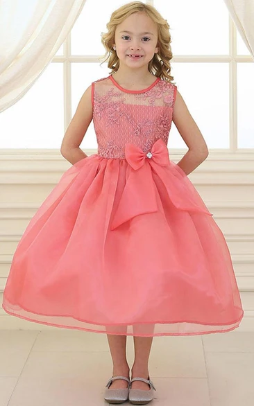 Illusion Floral Lace Tea-Length Flower Girl Dress with Bow