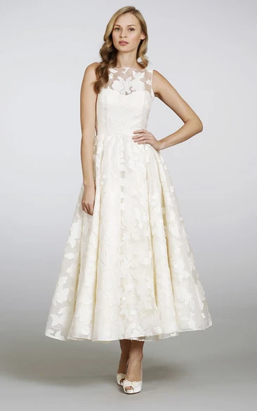 High Neck Tea Length Dress with Keyhole Back and Sleeveless Design Classy Wedding Dress