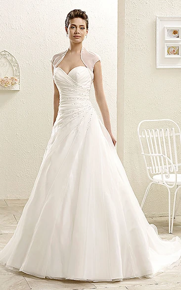 Sweetheart Beaded Wedding Dress with Cape and Criss Cross A-Line Long Dress