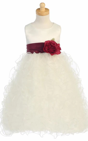 Floral Organza & Satin Tea-Length Flower Girl Dress with Ruffles