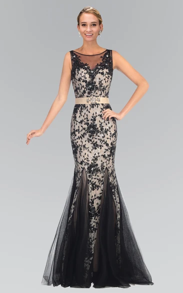 Lace Applique Mermaid Formal Dress with Deep-V Back and Sleeveless Scoop Neck