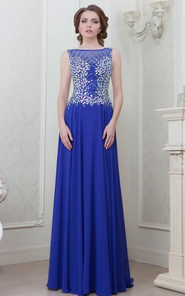 Crystal Bateau-Neck Sleeveless Chiffon Formal Dress A-Line Style