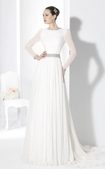 Chiffon Long-Sleeve Wedding Dress with Jeweled Detail V-Back and Scoop Neckline
