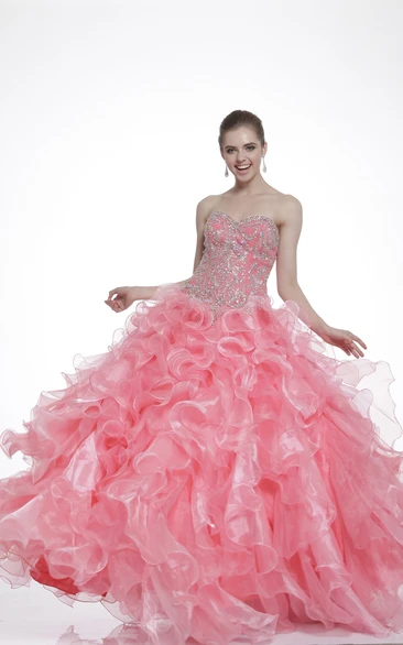 Sweetheart Ball Gown Organza Formal Dress with Long Sleeves Ruffles and Beading