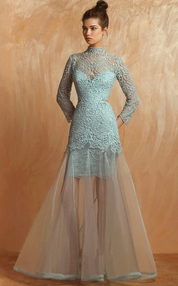 Romantic Tulle Trumpet Long Sleeve Formal Dress With Appliques Elegant Evening Gown