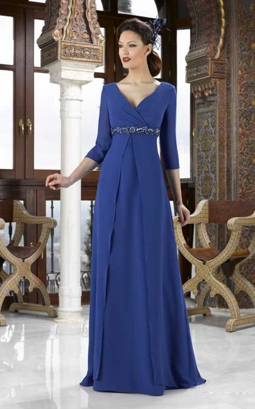 Chiffon Empire Mother Of The Bride Dress with 3-4 Sleeves and V-Neck
