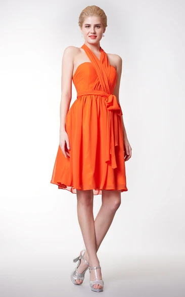 Empire Halter Neck Chiffon Bridesmaid Dress with Bow Sexy & Short