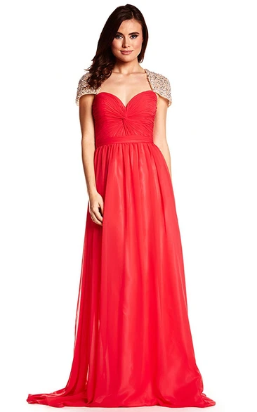 Maxi A-Line Chiffon Prom Dress with Beading Cap-Sleeve Sweetheart Keyhole Back