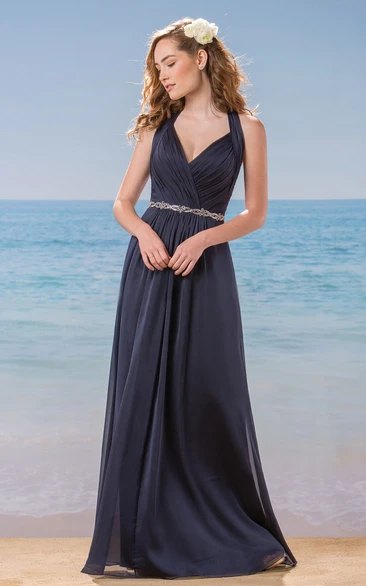 Long Bridesmaid Dress with Pleats and Keyhole Back Halter