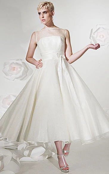 Jewel-Neck Tulle&Satin Wedding Dress A-Line Tea-Length Bridal Gown with Ribbon