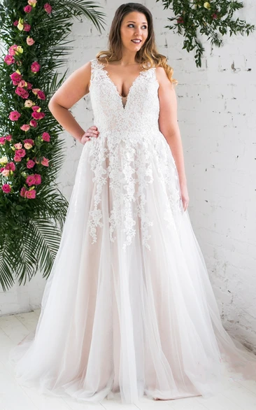 Simple Tulle A Line Wedding Dress with Plunging Neckline and Appliques Sweep Train