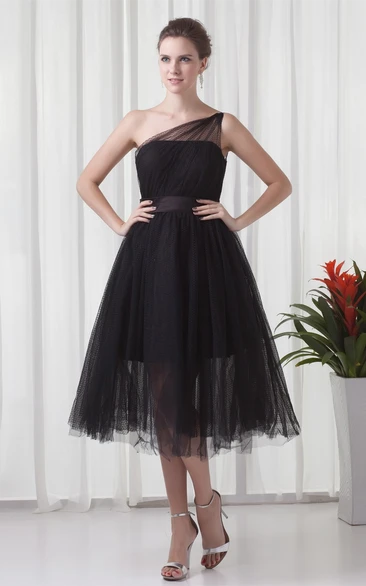 One-Shoulder Tulle A-Line Prom Dress Tea-Length Flowy Dress