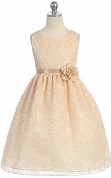 Floral Tiered Lace Flower Girl Dress Tea-Length