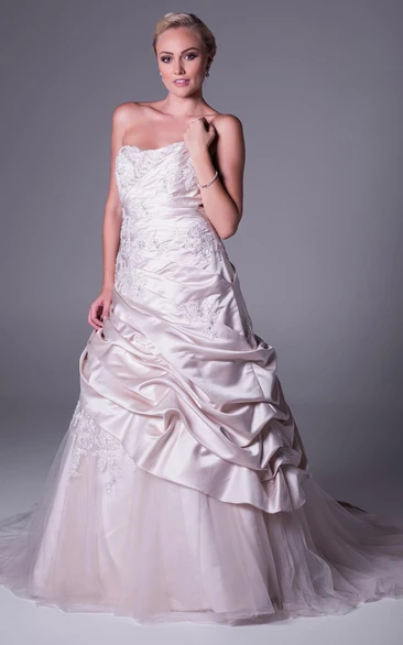 Strapless Satin&Tulle A-Line Wedding Dress with Appliques and Pick-Up Skirt
