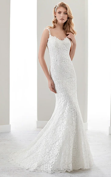 Sheath Lace Wedding Dress with Spaghetti Straps and Brush Train