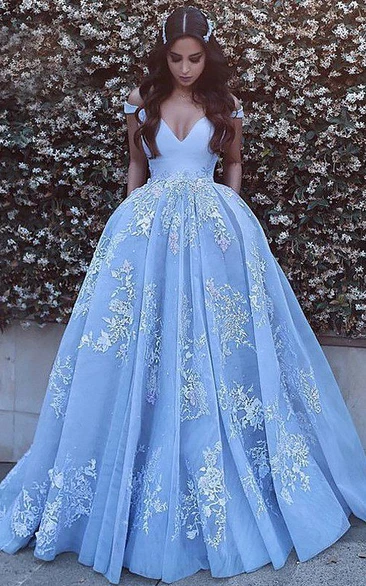 Off-the-shoulder Lace Tulle Ball Gown Formal Dress with Cap Sleeves