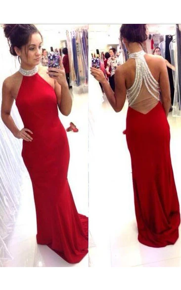 Chiffon Halter Backless Dress Mermaid Style with Lace Detailing