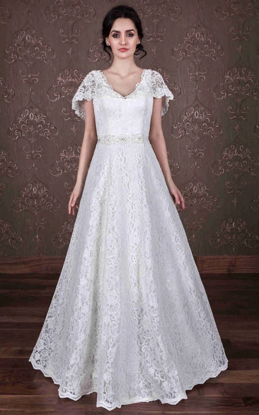 V-Neck Lace Wedding Dress with Poet Sleeves and Waist Jewelry