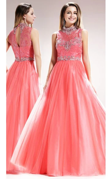 High Neck Sleeveless Tulle Satin Formal Dress with Beading and Lace A-Line Long