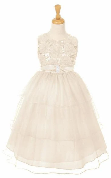 Sequin & Satin Tea-Length Flower Girl Dress with Split-Front Wedding Dress