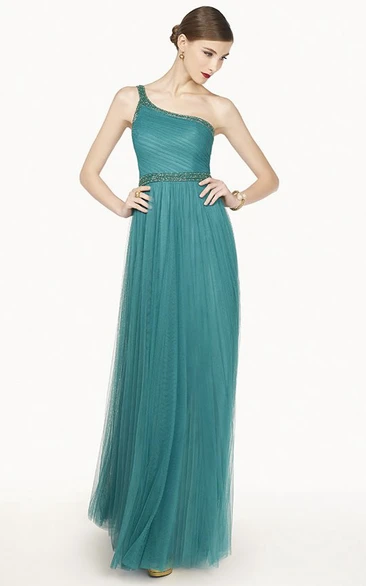 A-Line Tulle Prom Dress with Single Strap Beaded Neckline and Waist