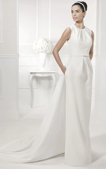High Neck Sleeveless Sheath Bridal Gown with Belt Simple Elegant Wedding Dress