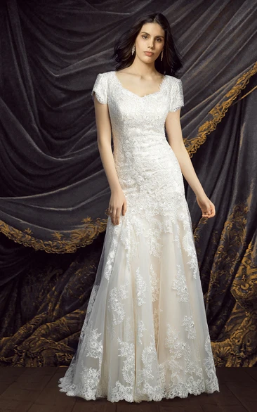 Modest Lace Wedding Dress with Queen Anne Neckline Short Sleeve & Elegant