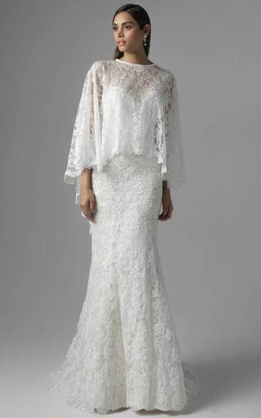 Jewel Bat-Sleeve Lace Sheath Wedding Dress with Appliques and Brush Train