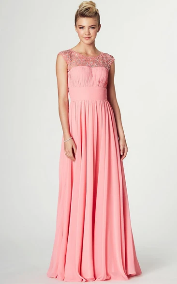 Maxi Sleeveless Chiffon Prom Dress with Ruched Scoop Neck Flowy Bridesmaid Dress