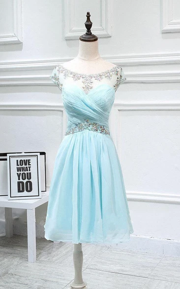 Chiffon Cap Sleeve Short Dress with Ruching and Beading