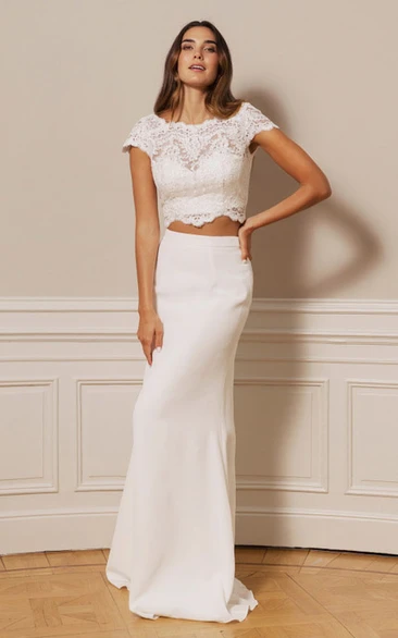 Casual Chiffon Lace Two Piece Wedding Dress with Short Sleeves and Buttons