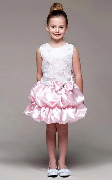 Knee-Length Satin Flower Girl Dress with Bowed Lace Tiers and Sash Classy Bridesmaid Dress