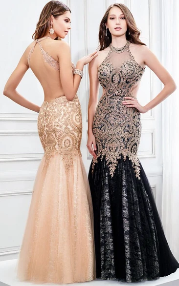 High Neck Mermaid Appliqued Tulle Prom Dress with Keyhole Sleeveless Elegant 2024