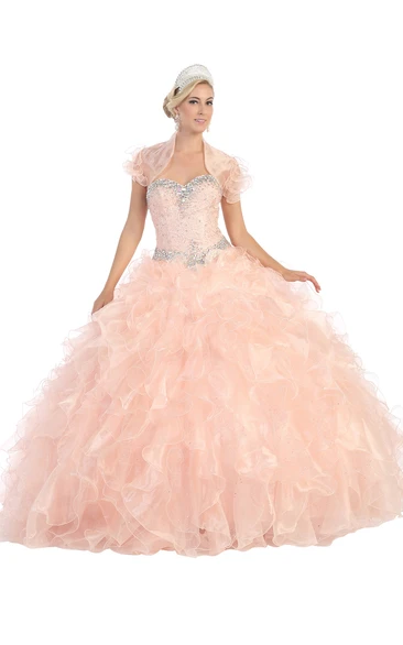 Beaded Ruffled Ball Gown Dress Sweetheart Organza Lace-Up