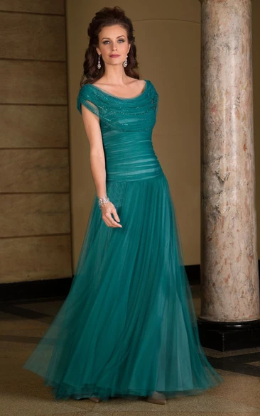 Beaded Tulle Mother of the Bride Dress with Cap Sleeves Classy Formal Dress